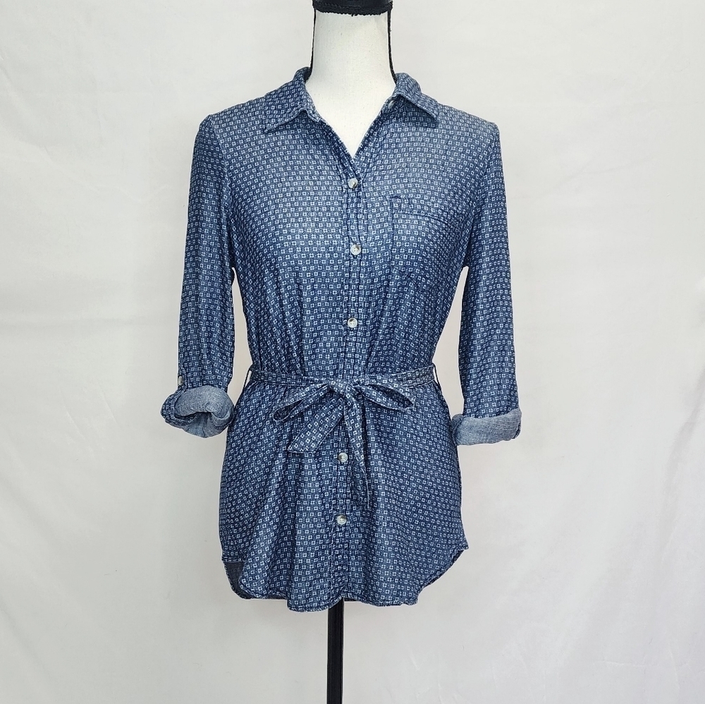 Sonoma Drop Tail Button Up Long Cuffed Roll Tab Sleeve Top w/ Tie Waist Belt - Picture 1 of 5